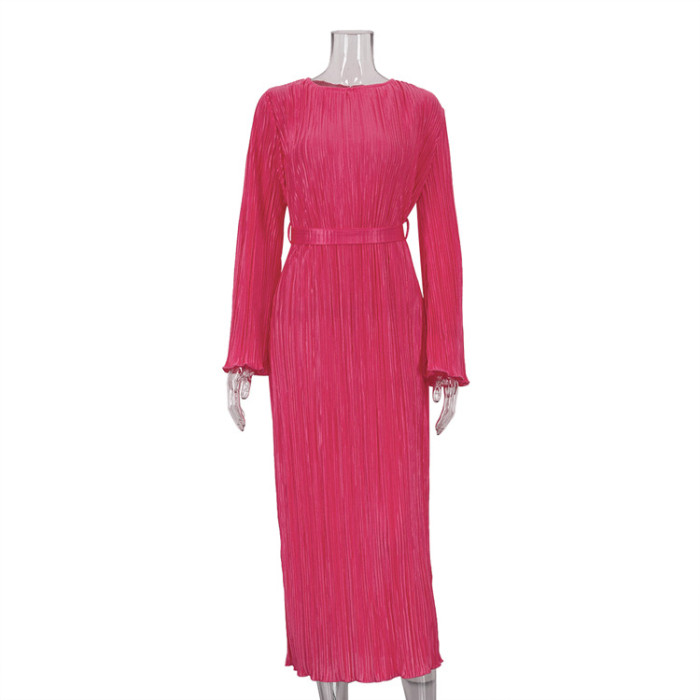 Tie-neck Flared Long Sleeve Pleated Detail Maxi Dress