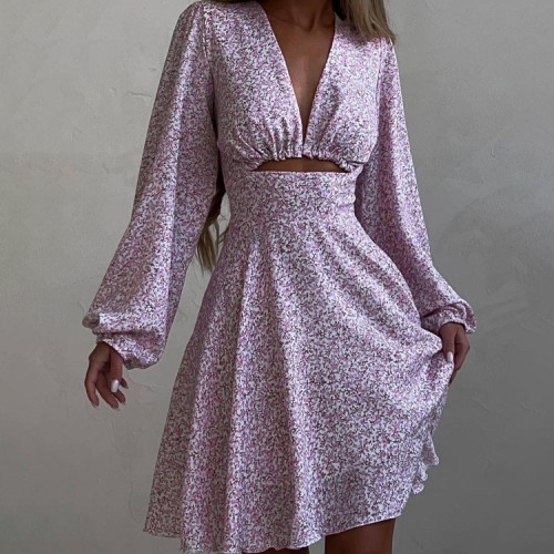 Long Sleeve V-Neck Printed Slimming French Style Dress