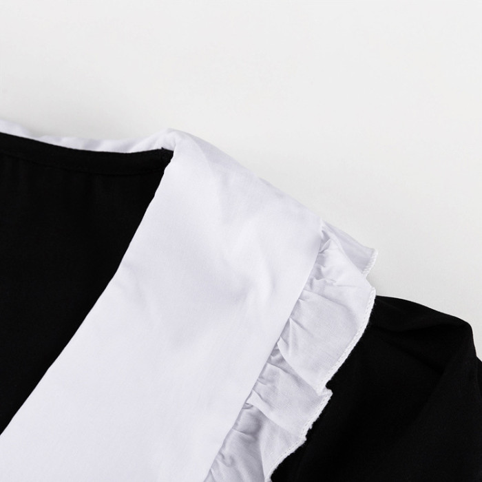 Monochrome Clash Doll Collar Long Sleeve Split Hem Maxi Dress