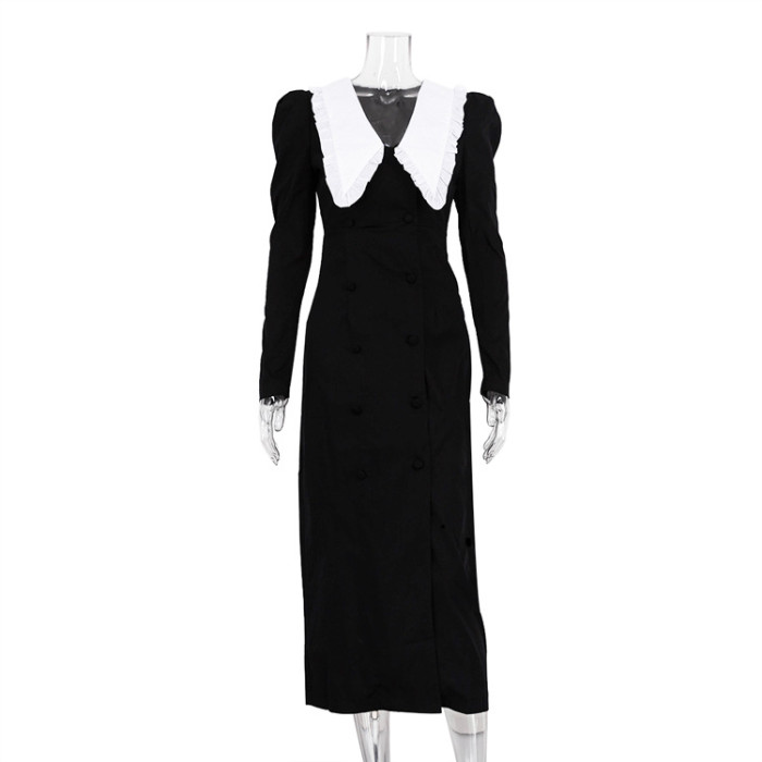 Monochrome Clash Doll Collar Long Sleeve Split Hem Maxi Dress
