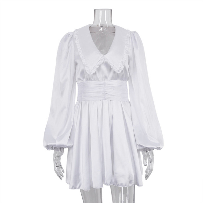 Chic and Elegant Waist-Cinched Lantern Sleeve Doll Collar Short A-line Dress
