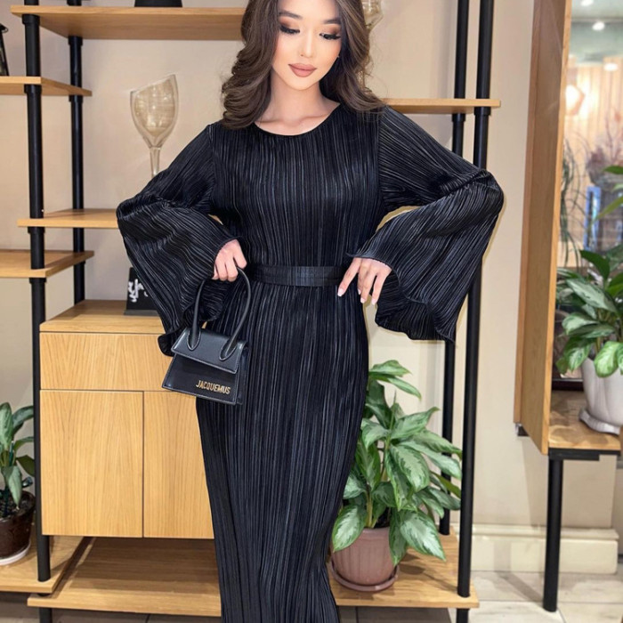 Tie-neck Flared Long Sleeve Pleated Detail Maxi Dress