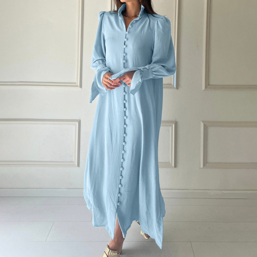 Solid Color Long Sleeve Stand Collar Design Sense Shirt Dress Women French Casual Split Long Dress