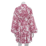 Chinese Style Ink Print Bubble Sleeve Stand Collar Retro A-line Dress