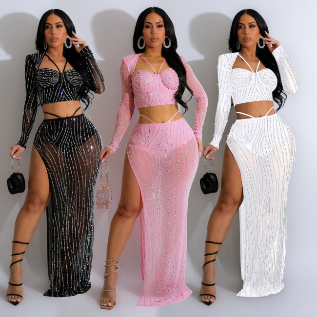 Women's Solid Color Mesh Beaded Long Sleeve Top Long Skirt Two Piece Set