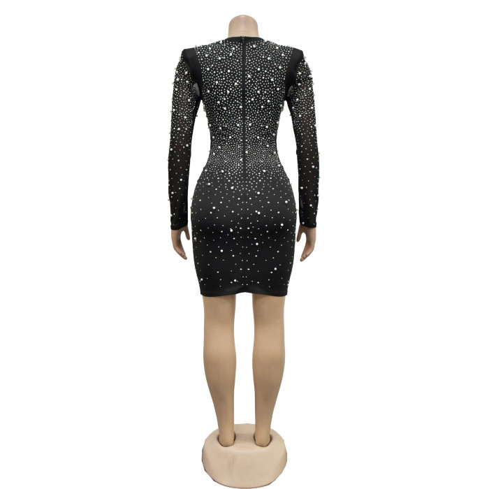 Women's Solid Color Beaded Mesh Long Sleeve Bodycon Dress