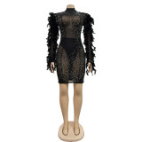 rhinestone Long Sleeve Solid Mesh Beaded Long Sleeve Women Mini Dress