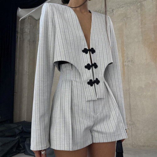 Long-sleeve Deep V-neck Top with Jacket and High-waisted Striped women Shorts Set