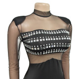 Women Solid Mesh Beaded Long Sleeve Dress