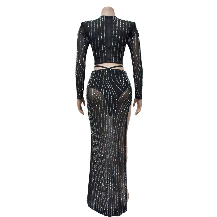 Women's Solid Color Mesh Beaded Long Sleeve Top Long Skirt Two Piece Set