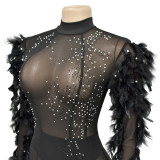 rhinestone Long Sleeve Solid Mesh Beaded Long Sleeve Women Mini Dress