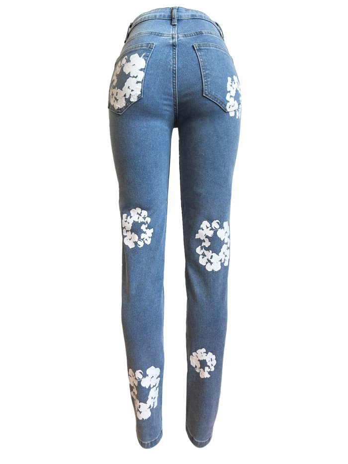 Elastic Denim Fabric Cotton Flower Printed Denim Jeans