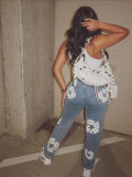 Elastic Denim Fabric Cotton Flower Printed Denim Jeans