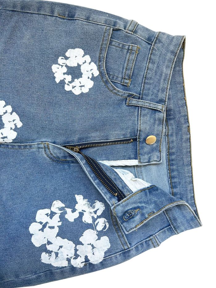 Elastic Denim Fabric Cotton Flower Printed Denim Jeans