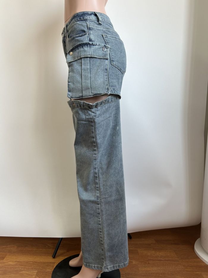 Detachable Pocket and Pant Leg Elasticity Denim Multi-wear Shorts and Pants
