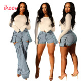 Detachable Pocket and Pant Leg Elasticity Denim Multi-wear Shorts and Pants