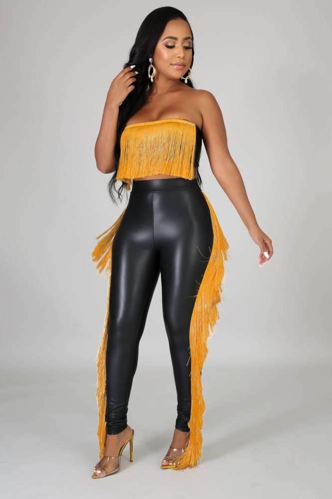 Sexy Strapless Fringe Bodycon Long Pants Two-Piece Nightclub Outfit