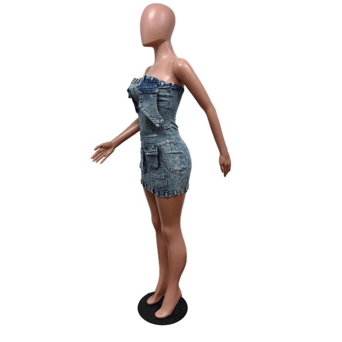 Strapless Slim Fit 3D Pocket Denim Dress