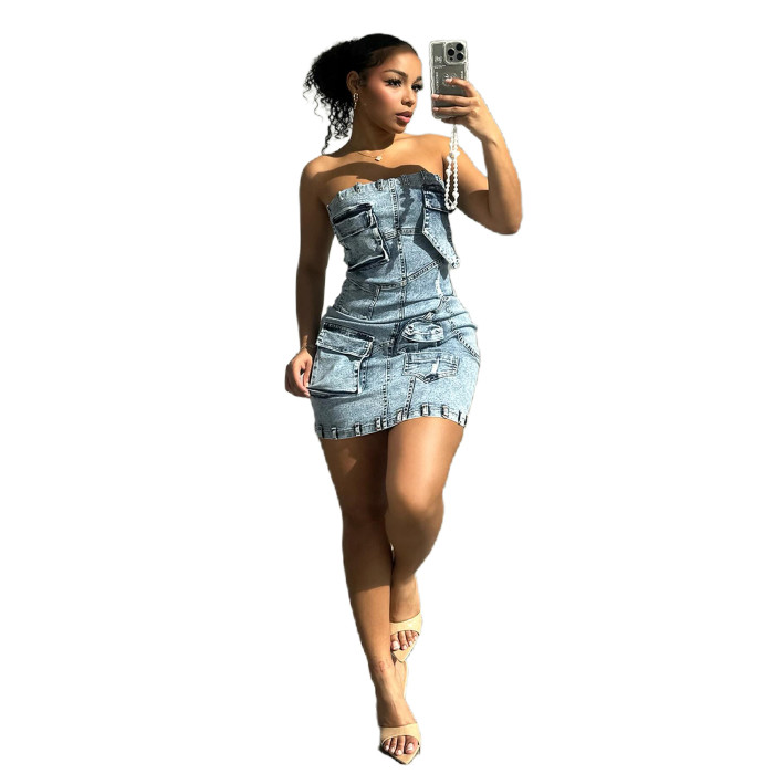 Strapless Slim Fit 3D Pocket Denim Dress