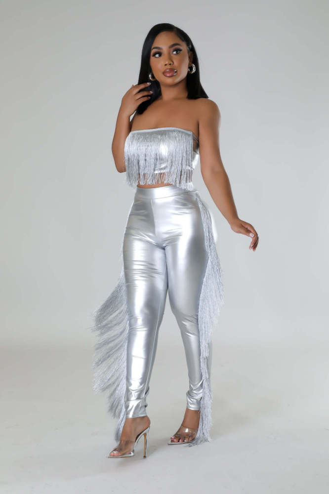 Sexy Strapless Fringe Bodycon Long Pants Two-Piece Nightclub Outfit