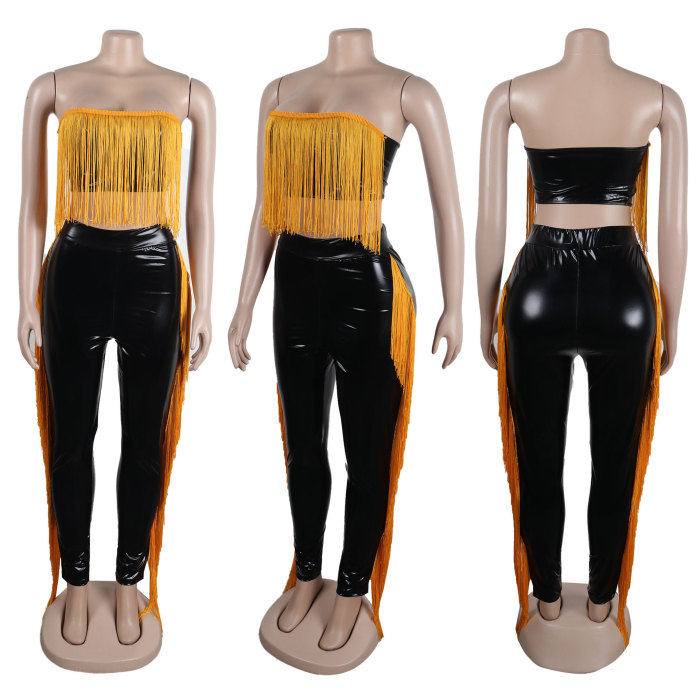 Sexy Strapless Fringe Bodycon Long Pants Two-Piece Nightclub Outfit