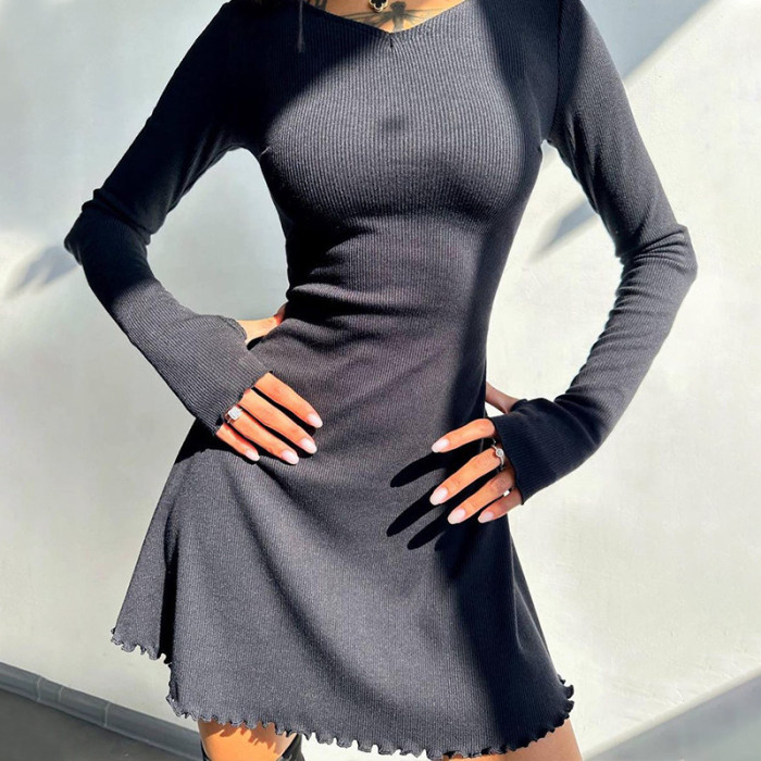 Back Strap Waist Cinched Short Skirt with Long Sleeves High-waisted A-line Dress