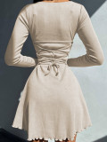 Back Strap Waist Cinched Short Skirt with Long Sleeves High-waisted A-line Dress