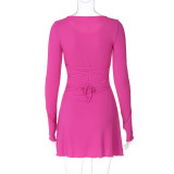 Back Strap Waist Cinched Short Skirt with Long Sleeves High-waisted A-line Dress