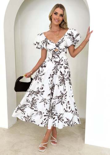Chic Printed Bubble Sleeve Maxi Dress with Flared Hem