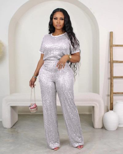 Sequined Solid Color Short Sleeve and Long Pants Two-Piece Set