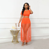 Beaded Perspective Mesh Skirt Short Sleeve Crop Top Three-Piece Set