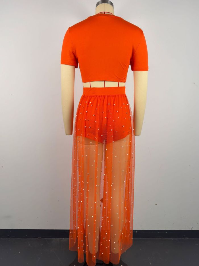 Beaded Perspective Mesh Skirt Short Sleeve Crop Top Three-Piece Set
