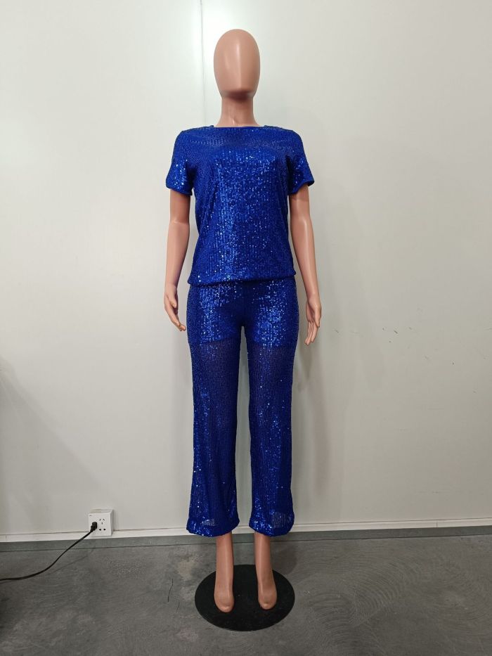 Sequined Solid Color Short Sleeve and Long Pants Two-Piece Set