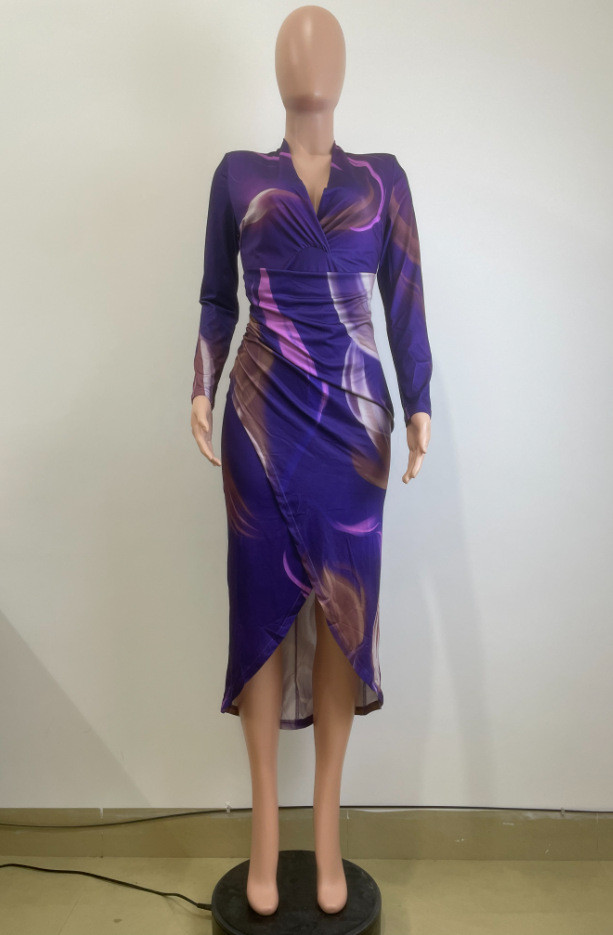 Fashionable Printed Slim Fit V-Neck Long Sleeve Bodycon Dress