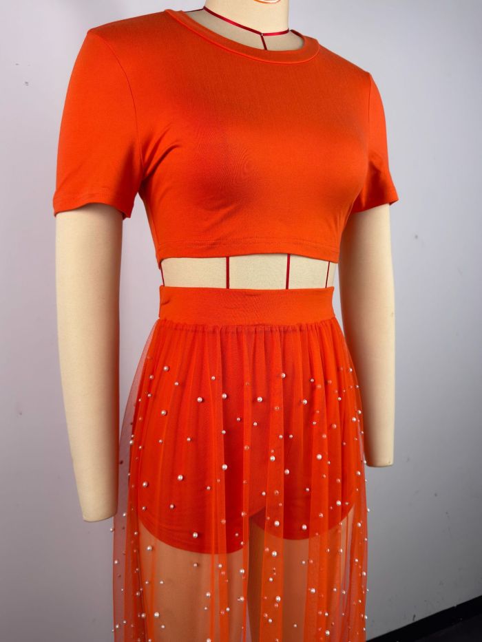 Beaded Perspective Mesh Skirt Short Sleeve Crop Top Three-Piece Set