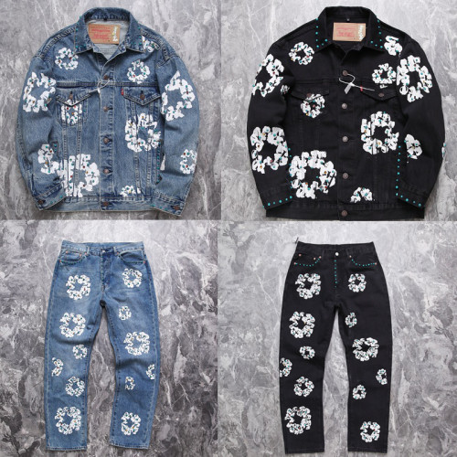 Embossed Handcrafted Colorful Rhinestone Casual Washed Denim Set