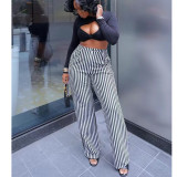 Black Striped Printed High Waisted Straight Leg Casual Wide Leg Pants