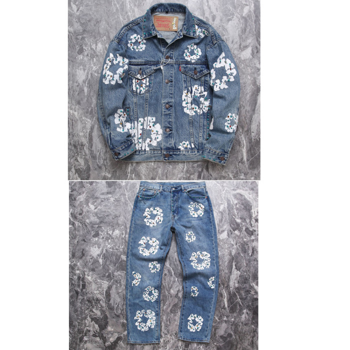 Embossed Handcrafted Colorful Rhinestone Casual Washed Denim Set