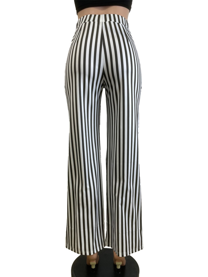 Black Striped Printed High Waisted Straight Leg Casual Wide Leg Pants