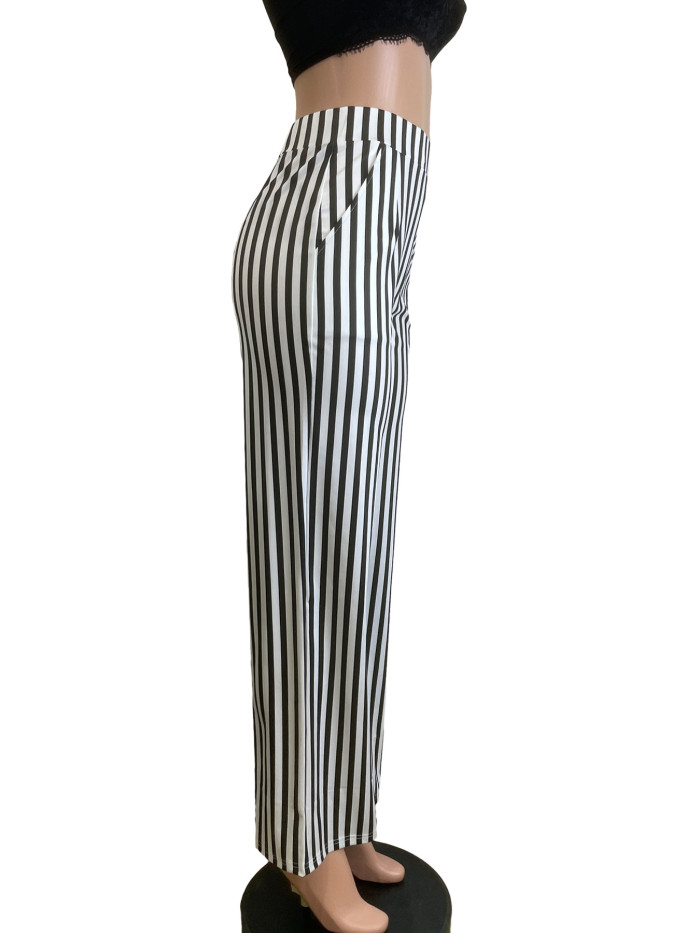 Black Striped Printed High Waisted Straight Leg Casual Wide Leg Pants