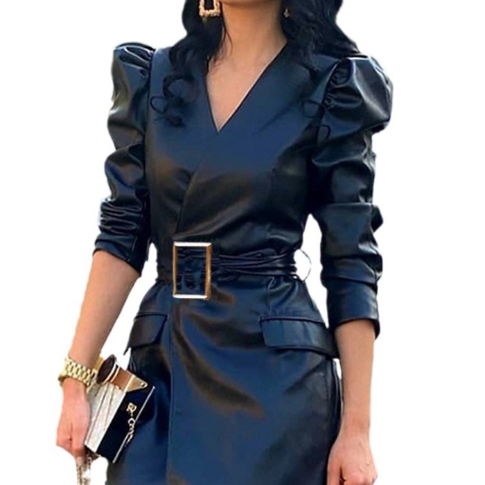 Chic PU Leather V-Neck Bubble Sleeve Bodycon Dress with Waist Bel