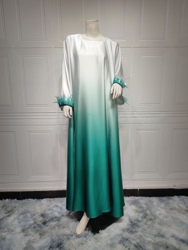 Solid Color Gradient Stylish Feather Abaya Two-Piece Dress