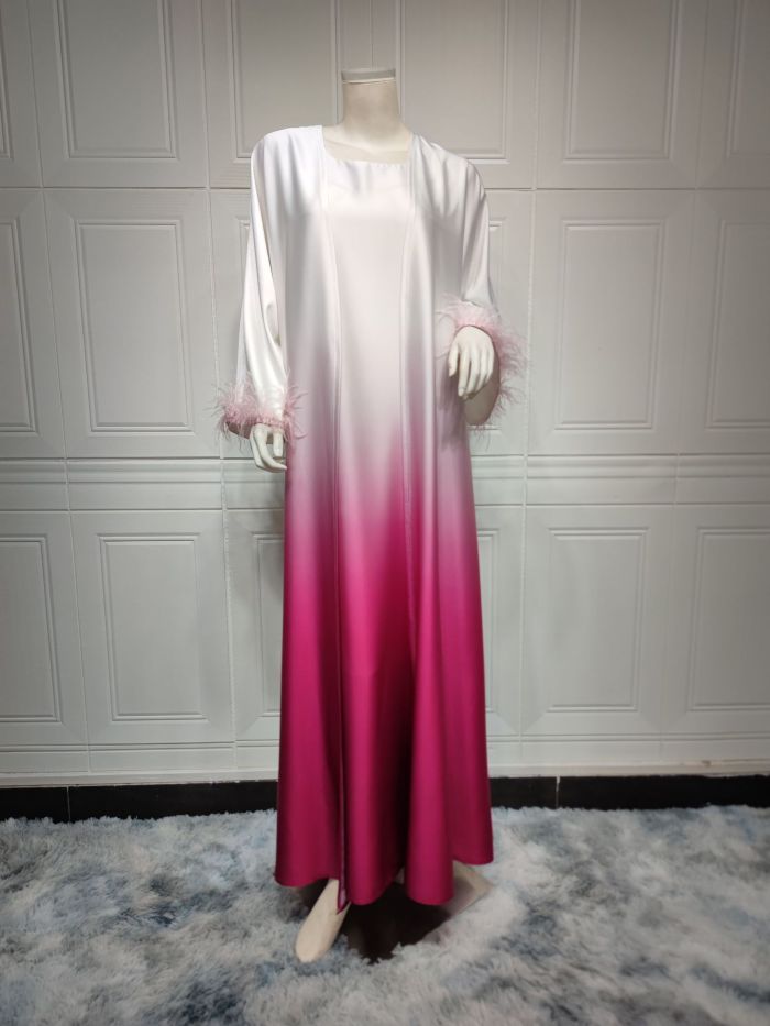 Solid Color Gradient Stylish Feather Abaya Two-Piece Dress