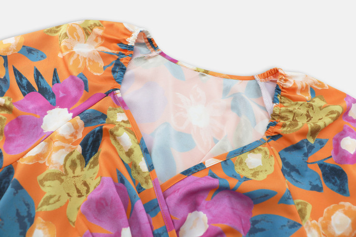 V-neck Printed Lantern Sleeves Beach Skirt Short Dress