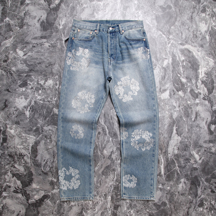 Water-Washed Bleached Denim Jeans Diamond Print Denim Set