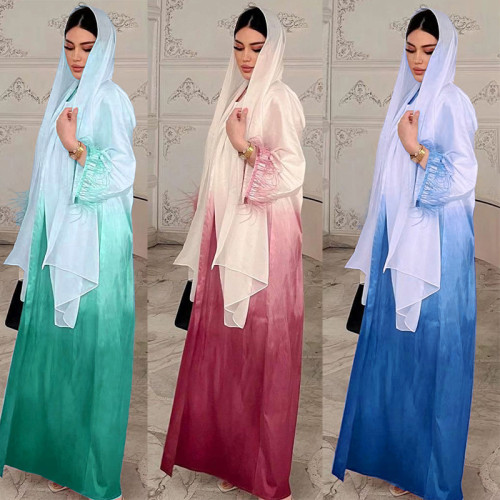 Solid Color Gradient Stylish Feather Abaya Two-Piece Dress