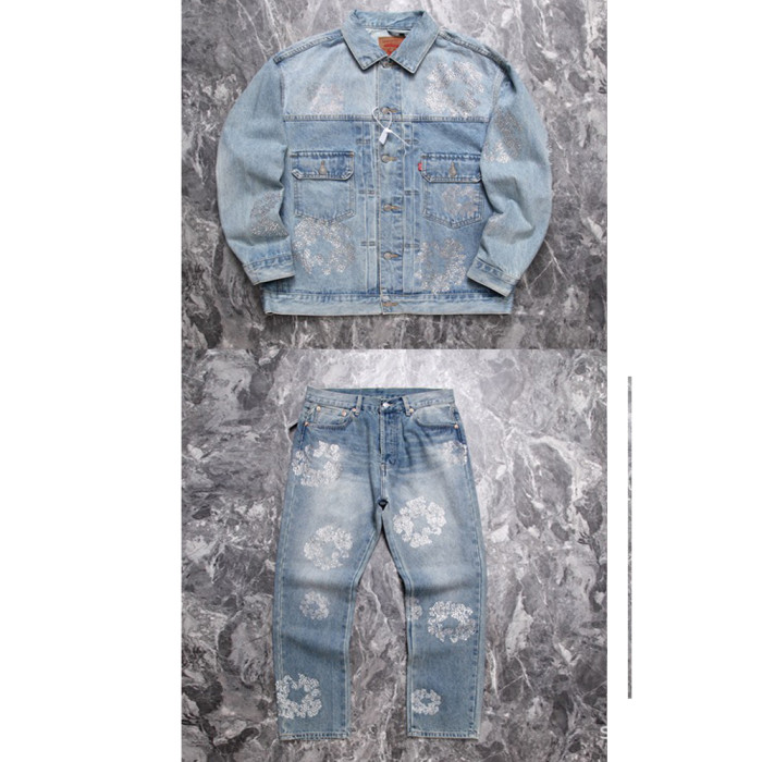 Water-Washed Bleached Denim Jeans Diamond Print Denim Set