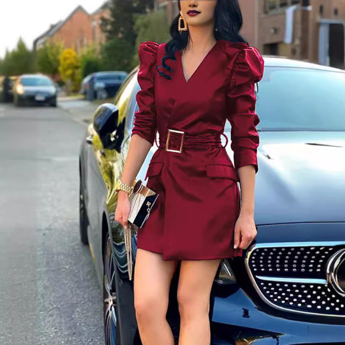 Chic PU Leather V-Neck Bubble Sleeve Bodycon Dress with Waist Bel
