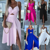 Strappy V-Neck Bodycon Fit and Open Back Flowy Midi Dress