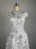 Floral Print Cinched Waist Short Sleeve A-line Midi Dress